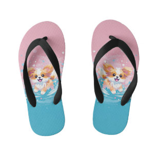 Playful Papillon Pup: Splash of Pink and Blue Kid's Thongs