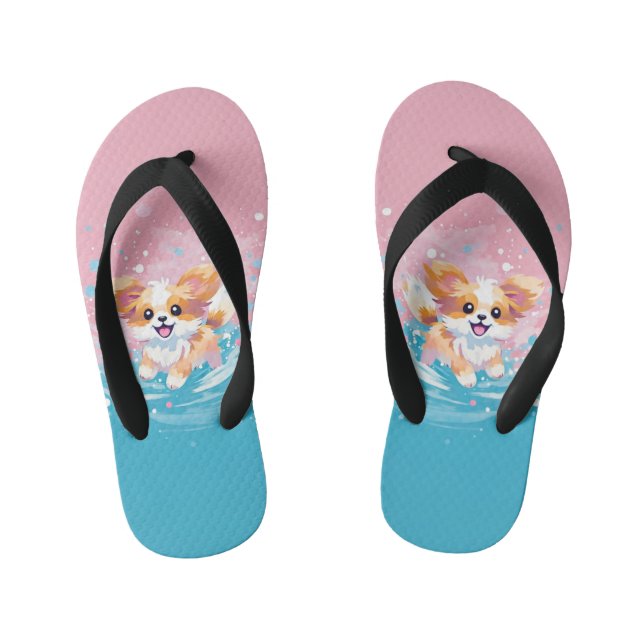 Playful Papillon Pup: Splash of Pink and Blue Kid's Thongs (Footbed)