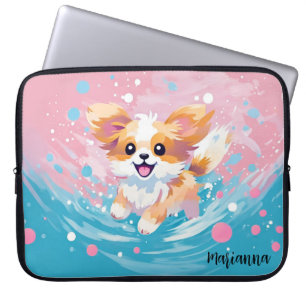 Playful Papillon Pup: Splash of Pink and Blue Laptop Sleeve