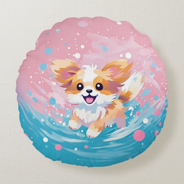 Playful Papillon Pup: Splash of Pink and Blue Round Cushion (Front)