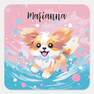 Playful Papillon Pup: Splash of Pink and Blue Square Sticker