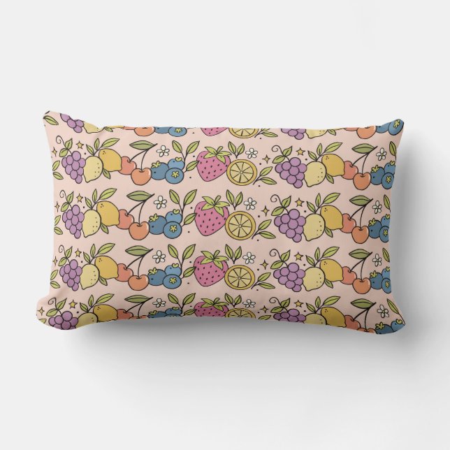 Playful Pastel Fruit Pattern in Pink Retro Style Lumbar Cushion (Front)