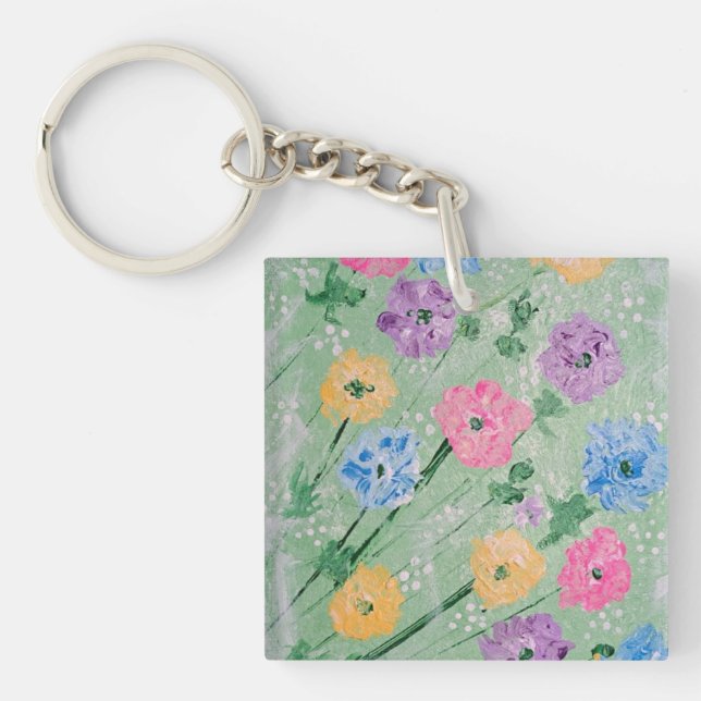 Playful Pastels Floral Acrylic Square Keychain (Front)