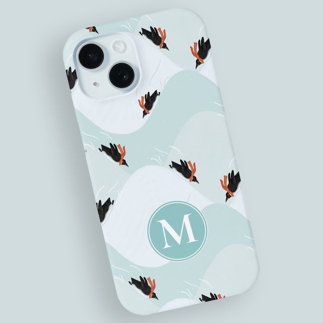 Playful Penguins Sliding on Snow Pattern Case-Mate iPhone Case (Penguins in the snow pattern iPhone case with custom monogram)