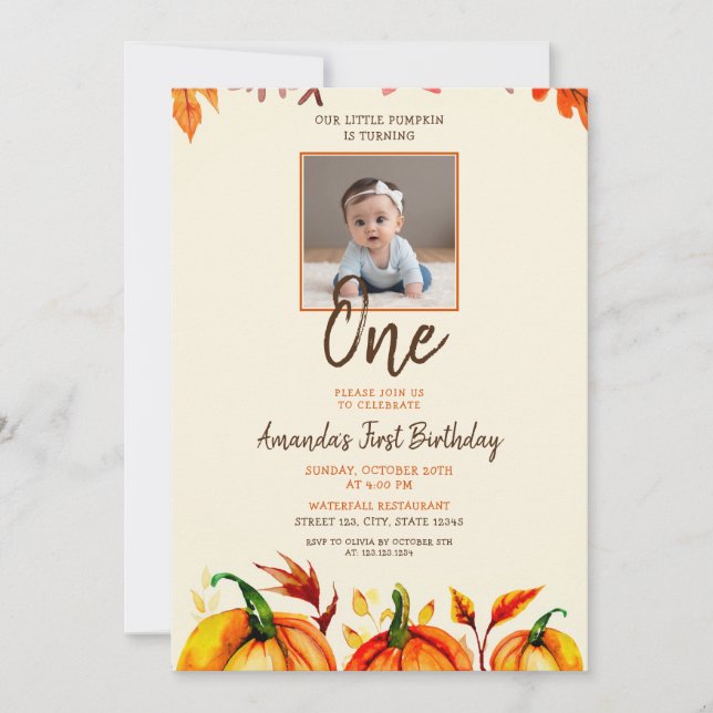 Playful Photo Pumpkin Baby 1st Birthday Invitation (Front)