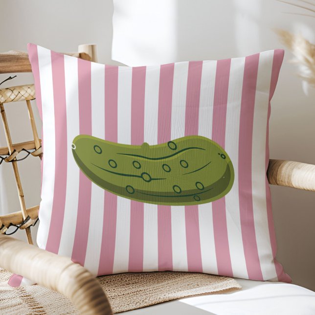 Playful Pickle on Pink Stripes, Accent Pillow,  Cushion (Creator Uploaded)