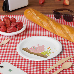 Playful Pig in Mud Funny Farm Animal Paper Plate