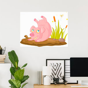 Playful Pig in Mud Funny Farm Animal Poster
