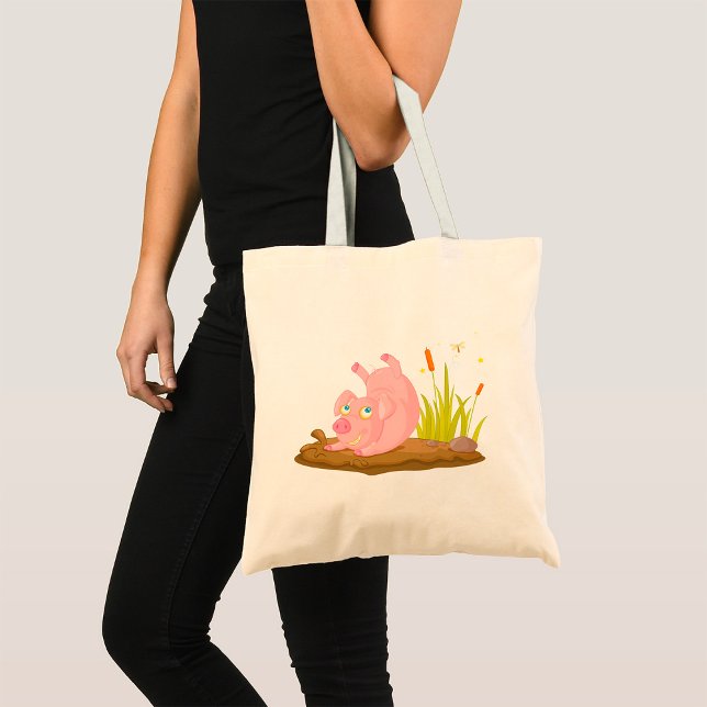 Playful Pig in Mud Funny Farm Animal Tote Bag (Creator Uploaded)