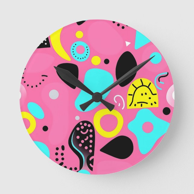 Playful Pink Abstract Shapes Pattern Round Clock (Front)