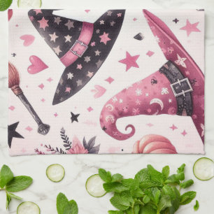 Playful Pink and Black Witches Hats Tea Towel