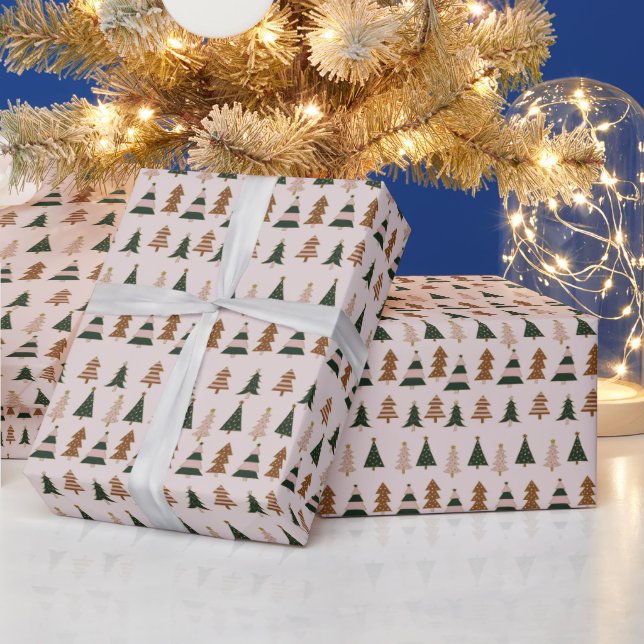 Playful Pink and Green Christmas Tree Stripe Wrapping Paper (Holidays)
