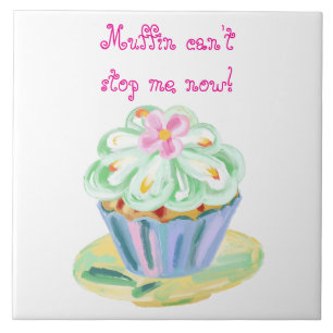 Playful Pink and Green Cupcake Artwork Ceramic Tile