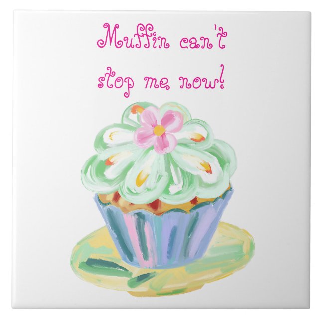 Playful Pink and Green Cupcake Artwork Ceramic Tile (Front)