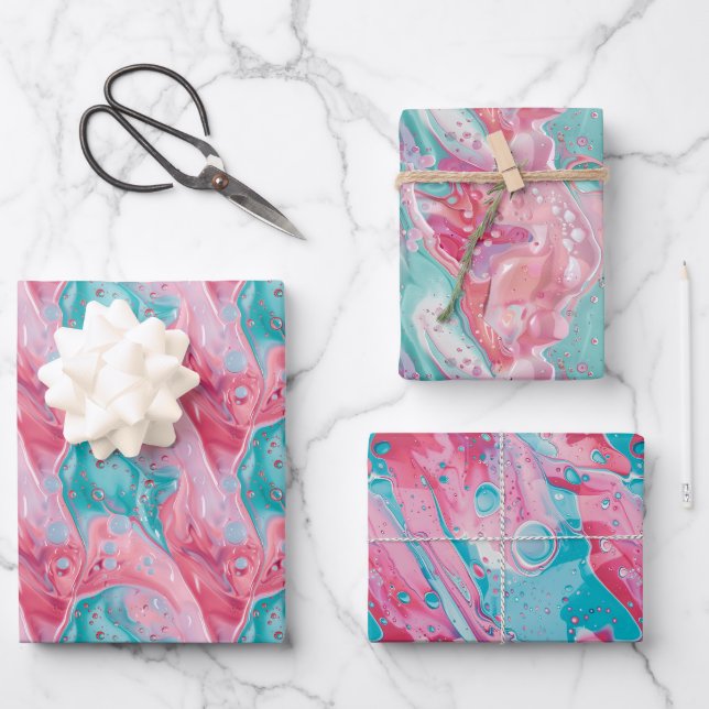 Playful Pink and Turquoise Liquid Abstract Pattern Wrapping Paper Sheet (Front)