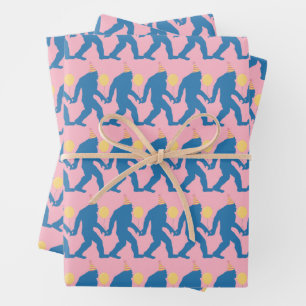 Playful Pink, Blue & Yellow Birthday Bigfoot  Wrapping Paper Sheet