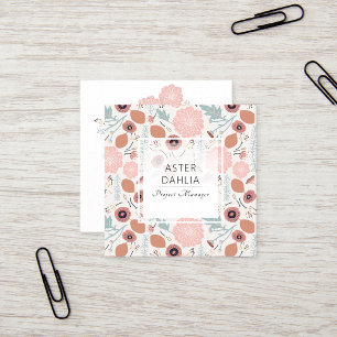 Playful Pink Cream Blue Repeat Floral Print Square Business Card