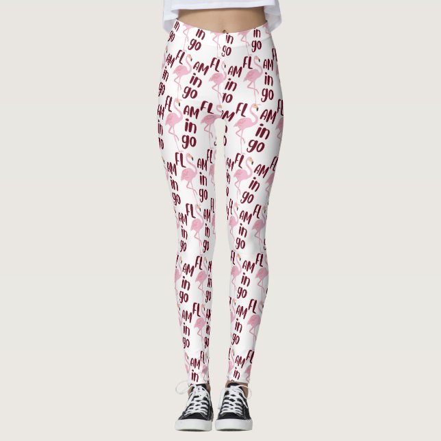 Playful Pink Flamingo Typography Art Leggings (Front)