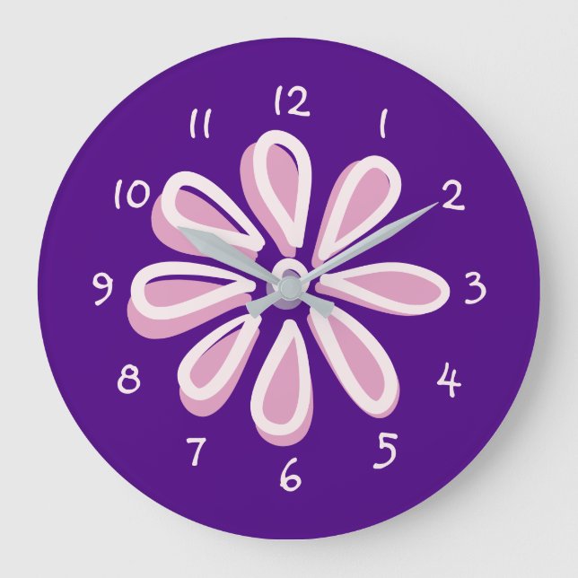 Playful Pink Flower Doodle Large Clock (Front)