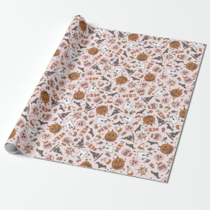 Playful Pink Halloween Ghosts Pumpkins Pattern  Wrapping Paper