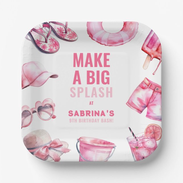 Playful Pink Pool Party Summer Girl's Birthday Paper Plate (Front)