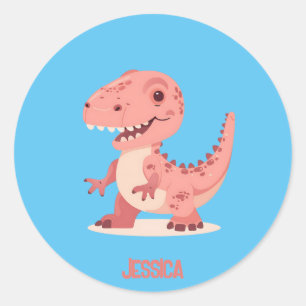 Playful Pink T-Rex Dino With Kids Name Classic Round Sticker