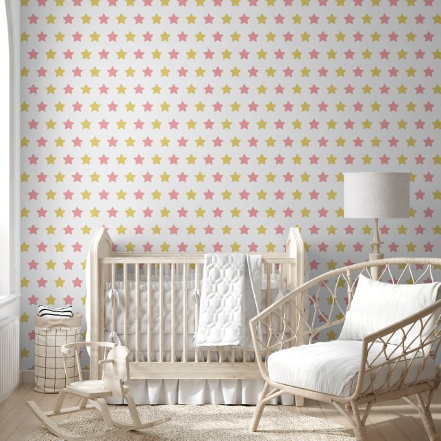 Playful Pink Yellow Minimalist Star Pattern Wallpaper (Kids)