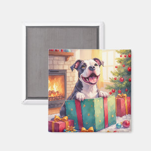 Playful Pitbull Opening Christmas Gifts Holiday Magnet