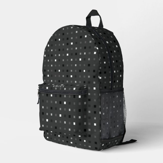  Playful Pixels Check Grey Black Pattern Printed Backpack (Back Corner Right)