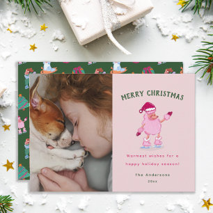 Playful Poodle Ice Skating Pink Christmas Holiday Card