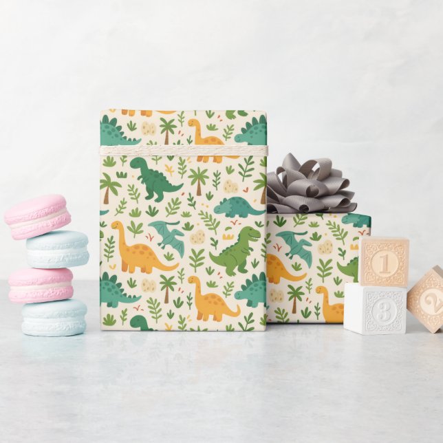 Playful Prehistoric Dinosaur Pattern Cheerful Leaf Wrapping Paper (Baby Shower)
