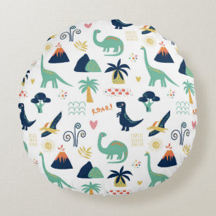 Playful Prehistoric Dinosaur & Volcano Pattern Round Cushion