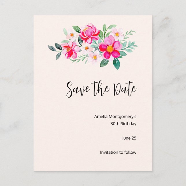 Playful Pretty Pink Flower Bouquet Save the Date Invitation Postcard (Front)