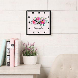 Playful Pretty Pink Flower Bouquet Square Wall Clock
