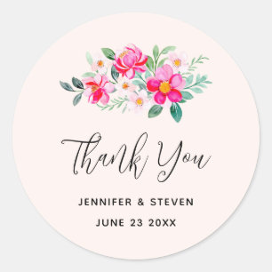 Playful Pretty Pink Flower Bouquet Thank You Classic Round Sticker