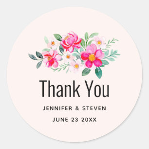 Playful Pretty Pink Flower Bouquet Thank You Classic Round Sticker