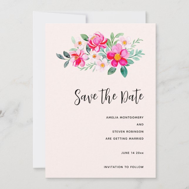 Playful Pretty Pink Flower Bouquet Wedding Save The Date (Front)