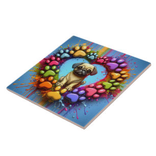 Playful Pug in Colourful Heart Print Ceramic Tile