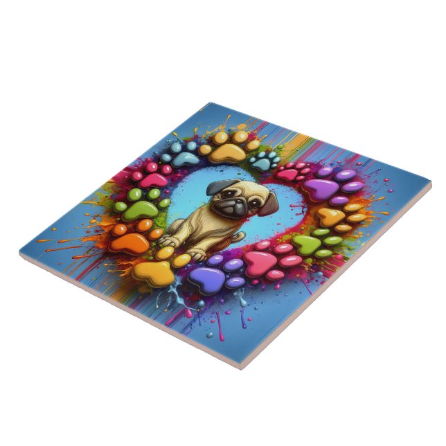 Playful Pug in Colourful Heart Print Ceramic Tile (Side)