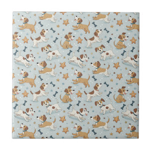 Playful Puppy Chasing Stars - Kids Cartoon Pattern Ceramic Tile