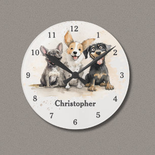 Playful Puppy Dogs Watercolor Personalised Round Clock