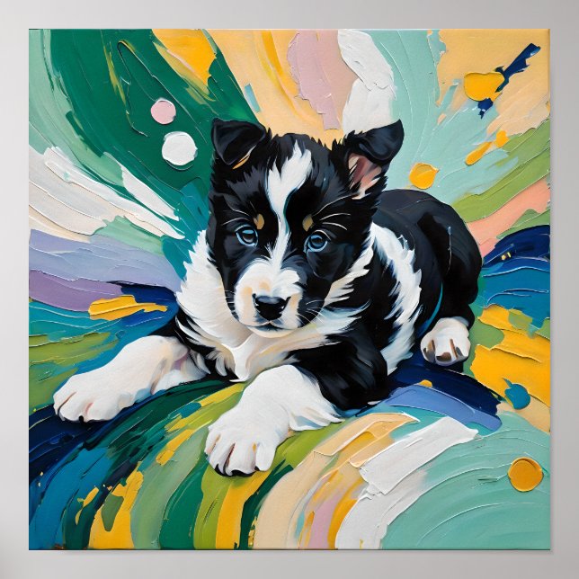 Playful Puppy in Colour Burst – Abstract Poster (Front)