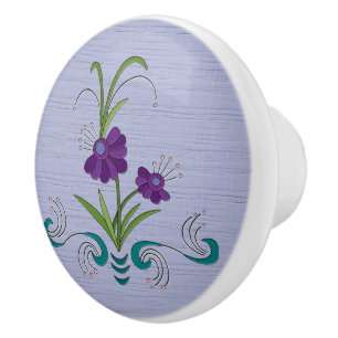 Playful Purple Flower w/Tumbling Teal Swirls Ceramic Knob