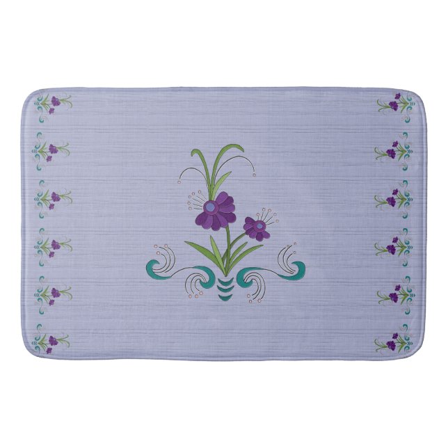Playful Purple Flower with Tumbling Teal Swirls Bath Mat (Front)
