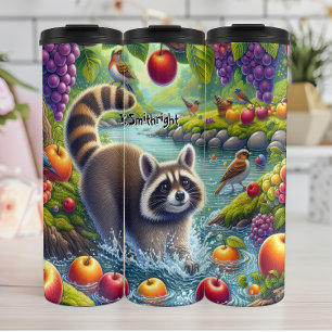 Playful Raccoon in Fruit River Thermal Tumbler