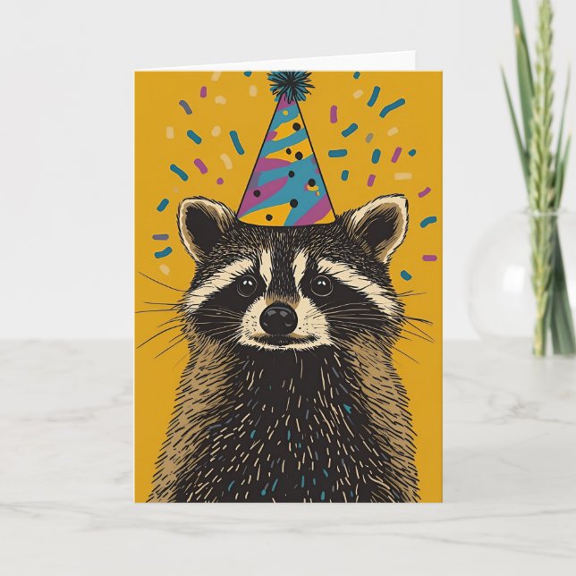 Playful Racoon Birthday Party Greeting Card (Front)