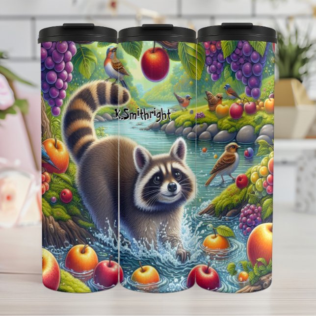 Playful Racoon in Fruit River Thermal Tumbler (Creator Uploaded)