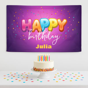 Playful Rainbow Bubble Letters on Purple Birthday Banner