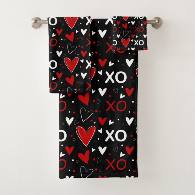 Playful Red, Black & White XO Heart Pattern Bath Towel Set (Insitu)