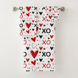 Playful Red, Black & White XO Heart Pattern Bath Towel Set